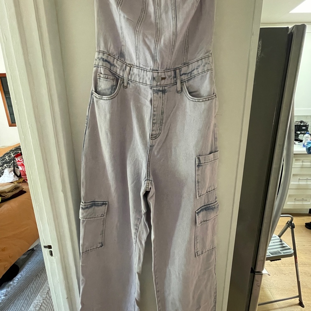 Able Light Gray Denim strapless Jumpsuit